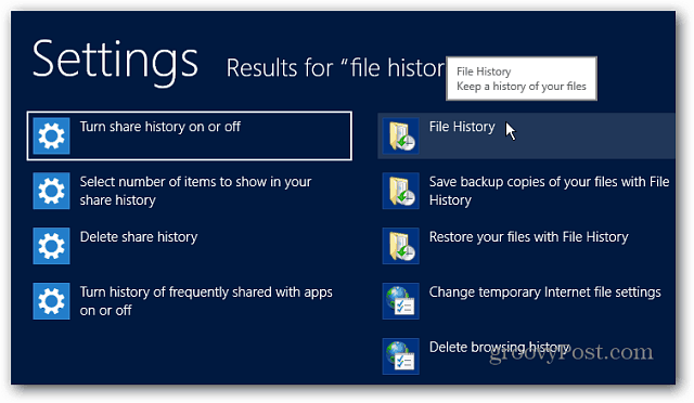 Setări istoric fișiere Căutare Windows 8