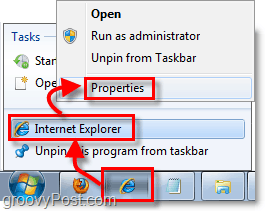cum să ajungeți la proprietățile de comandă rapidă pentru shorctuturile barei de activități fixate în Windows 7