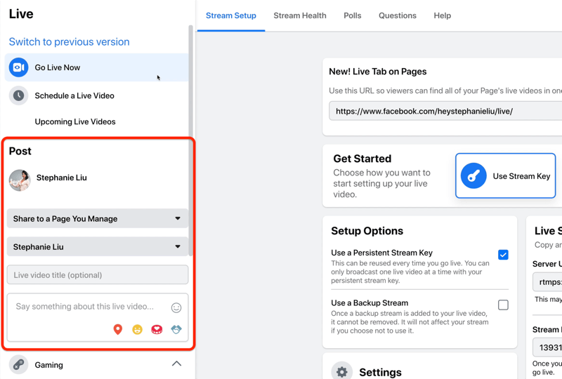 Opțiunea de configurare a fluxului live Facebook pentru a adăuga detaliile postării pentru videoclipul live