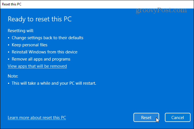 gata să resetați Windows 11 PC