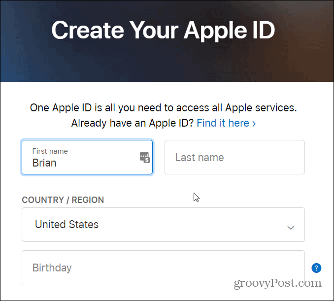 formular pentru a crea ID-ul mărului