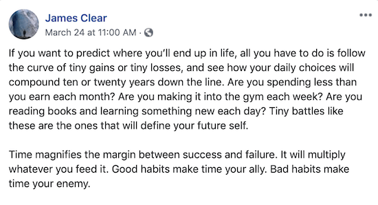 Postarea de pe Facebook a lui James Clear despre cum se adună câștiguri și pierderi minuscule în timp