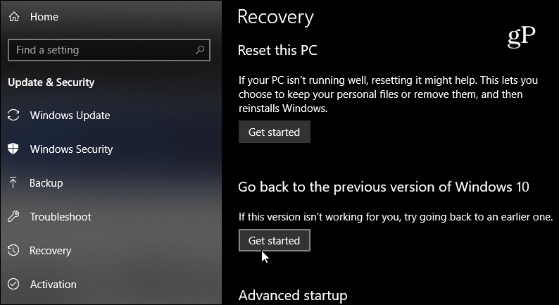 reveniți la versiunea anterioară a Windows 10