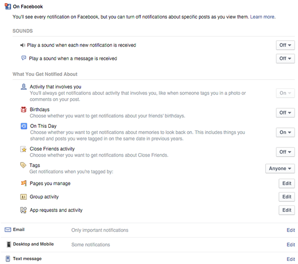 configurați setările generale de notificare pentru profilurile Facebook