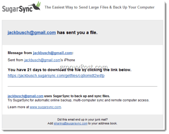 SugarSync Partajează fișiere prin e-mail