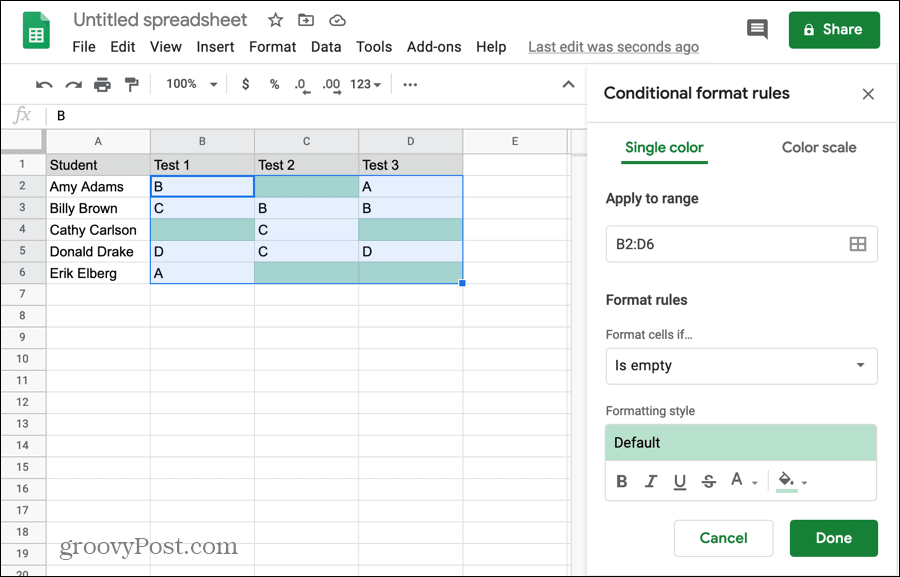 Formatare condiționată pentru celulele goale din Foi de calcul Google