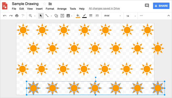 Utilizați grila pentru a vă ajuta să poziționați rândurile în mod egal în designul dvs. Google Drawings.