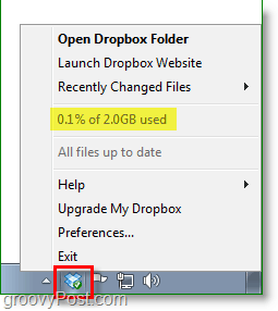 Captura de ecran Dropbox - pictograma tavă pentru sistemul dropbox