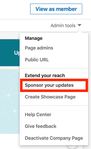 Cum să creați un anunț text LinkedIn, pasul 1, să vă sponsorizați actualizările în Instrumentele de administrare