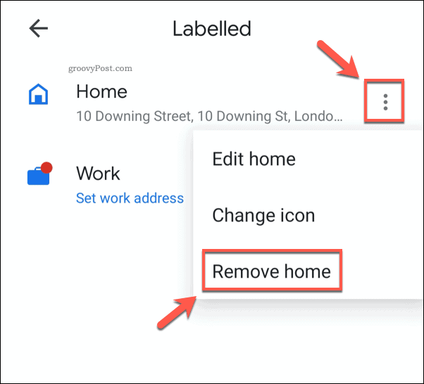 Eliminarea unei adrese de domiciliu salvate în Google Maps mobil