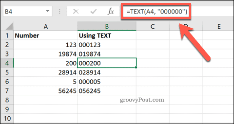 Folosind TEXT în Excel pentru a adăuga zerouri de început