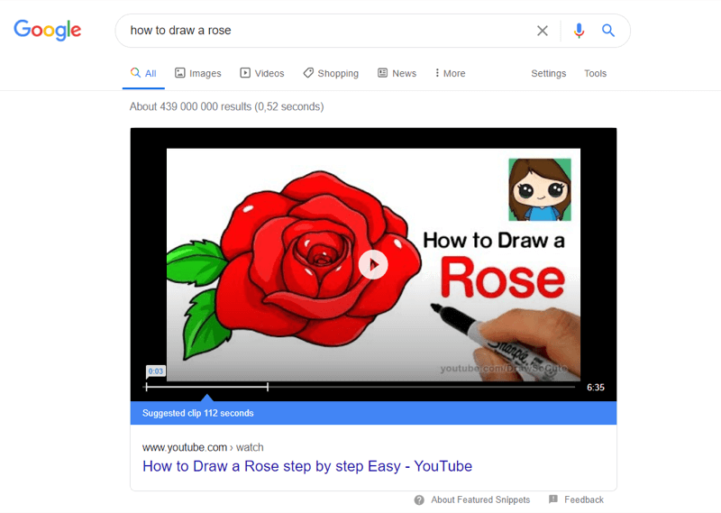 exemplu de videoclipuri YouTube de top în rezultatele căutării Google pentru „cum să desenezi un trandafir”