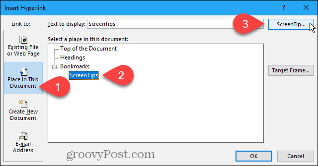 Faceți clic pe ScreenTip în caseta de dialog Insert Hyperlink în Word