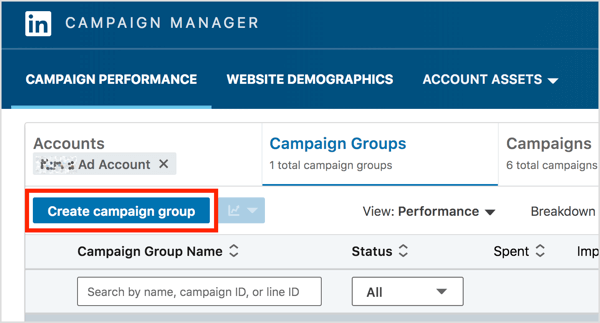În fila Grupuri de campanii din LinkedIn Campaign Manager, faceți clic pe butonul Creați grup de campanii.