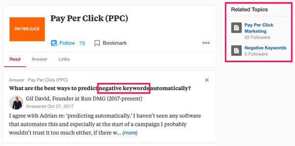 Exemplu de rezultat al căutării Quora, inclusiv termenul de căutare „PPC” și expresia „cuvinte cheie negative”.