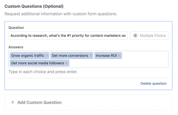 Exemple de opțiuni de întrebare și răspuns pentru o întrebare pentru o campanie publicitară pe Facebook.