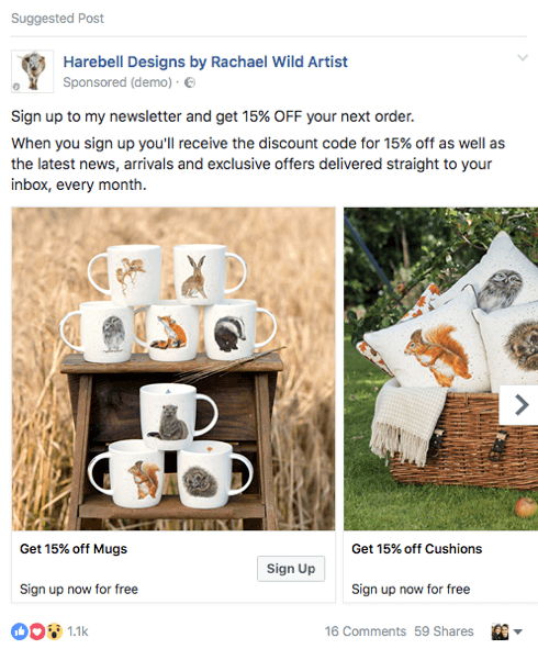 Această companie de comerț electronic promovează un magnet cu cod de reducere într-un anunț de pe Facebook.