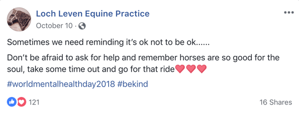 Exemplu de postare pe Facebook cu emoji de la Lock Leven Equine Practice.