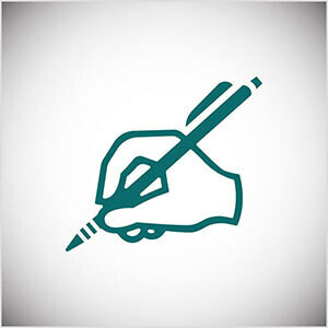 Aceasta este o ilustrație a liniei teal a unei mâini care scrie cu un creion. Seth Godin practică scrierea zilnică pe blogul său.