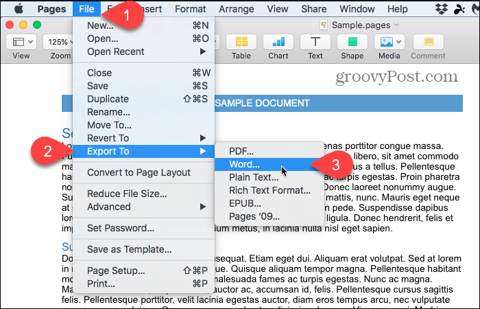 Fișier> Export în> Word în pagini pe Mac