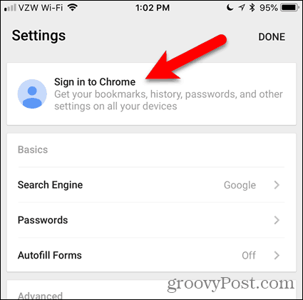 Atingeți Conectare la Chrome pe iOS