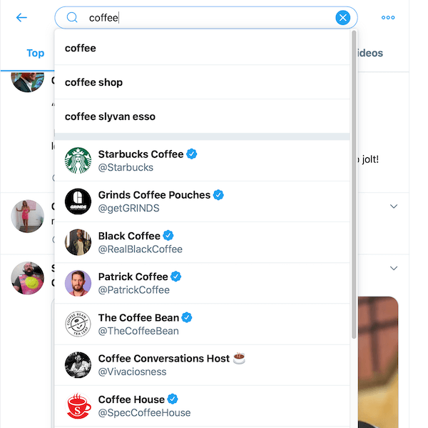 eșantion de rezultate ale căutării din căutarea cafelei în caseta de căutare twitter