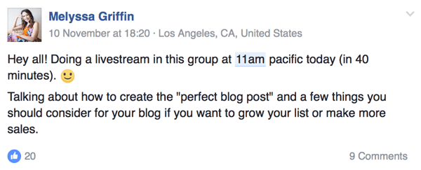 Antreprenorul Melyssa Griffin își anunță publicul când va fi live pe Facebook.