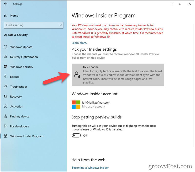Canalul de dezvoltare setat în setările programului Windows Insider