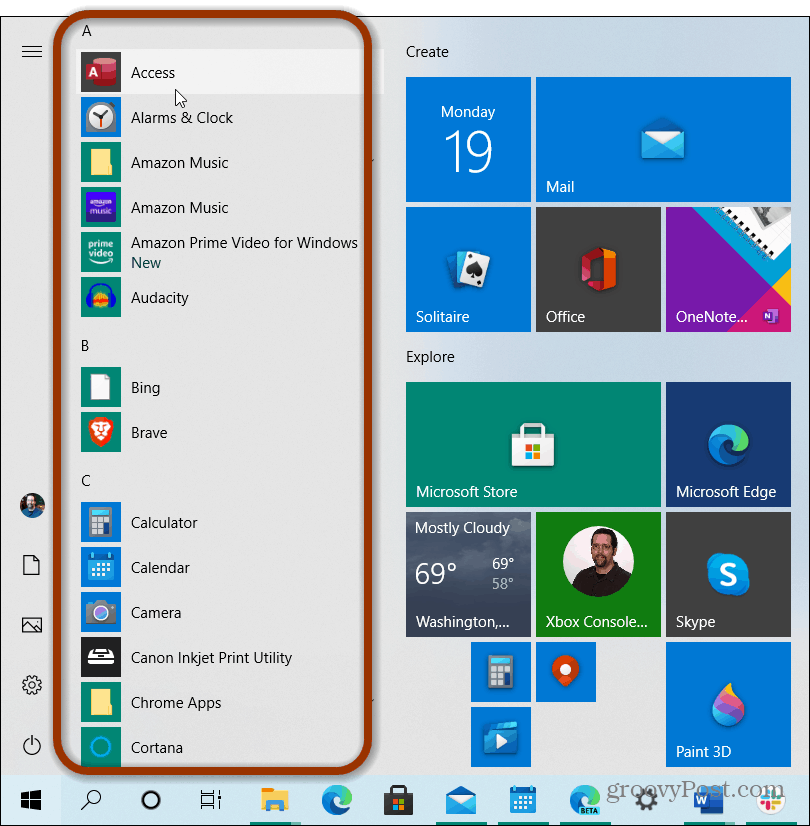 meniul de pornire al listei de aplicații Windows 10