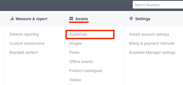 În Facebook Ads Manager, faceți clic pe Segmente de public în coloana Active.