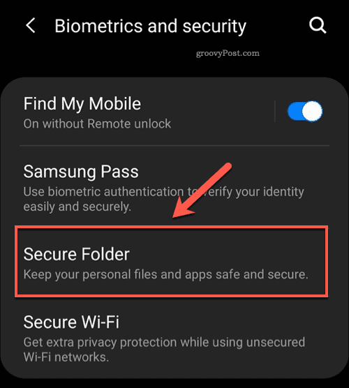 Opțiunea de meniu Folder securizat Android