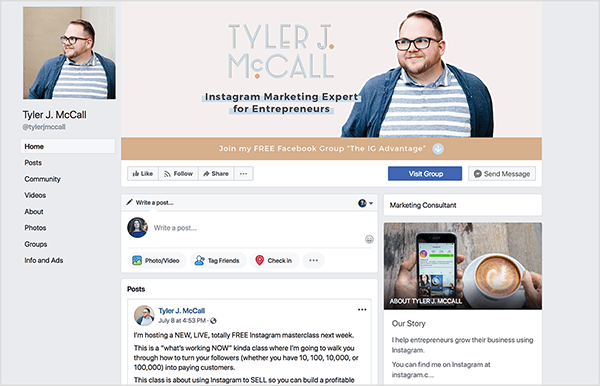 Tyler J. Pagina de Facebook a lui McCall are o fotografie cu Tyler în ochelari și o cămașă cu dungi. Fotografia sa de copertă prezintă o fotografie similară a lui Tyler cu textul „Tyler J. McCall, expert în marketing Instagram pentru antreprenori. Sub aceasta, pe o bară bronzată, textul alb spune „Alăturați-vă GRATUIT grupului meu de Facebook, avantajul IG” și o săgeată în jos apare la sfârșitul acestui text.