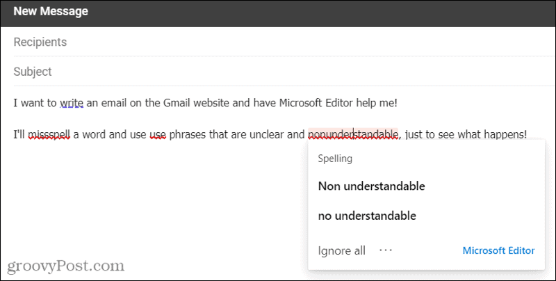 Microsoft Editor în Gmail utilizând extensia Edge
