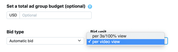 Opțiunea de a seta tipul de ofertă și unitatea pentru anunțul dvs. Twitter Vizualizări video promovate.
