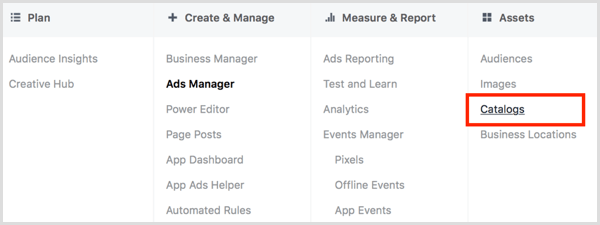 Faceți clic pe linkul Cataloguri din coloana Active din Managerul de anunțuri Facebook.