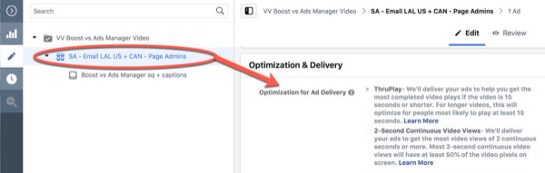 Optimizarea Facebook ThruPlay pentru editarea campaniei de 10 secunde, pasul 3.