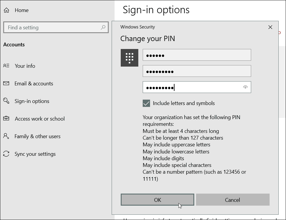 Cerințe PIN speciale pentru caractere Windows 10