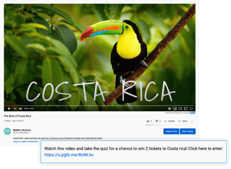 descrierea videoclipului pe YouTube evidențiat cu o ofertă pentru vizionarea videoclipului și participarea la test pentru șansa de a câștiga 2 bilete la Costa Rica