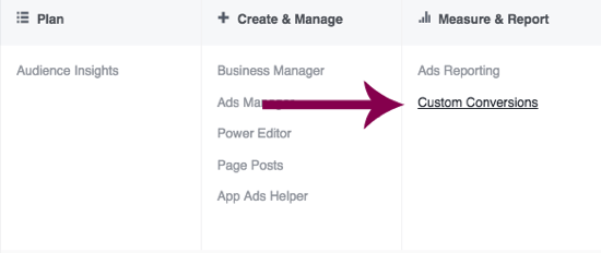 Navigați la Conversii personalizate în Facebook Ads Manager.