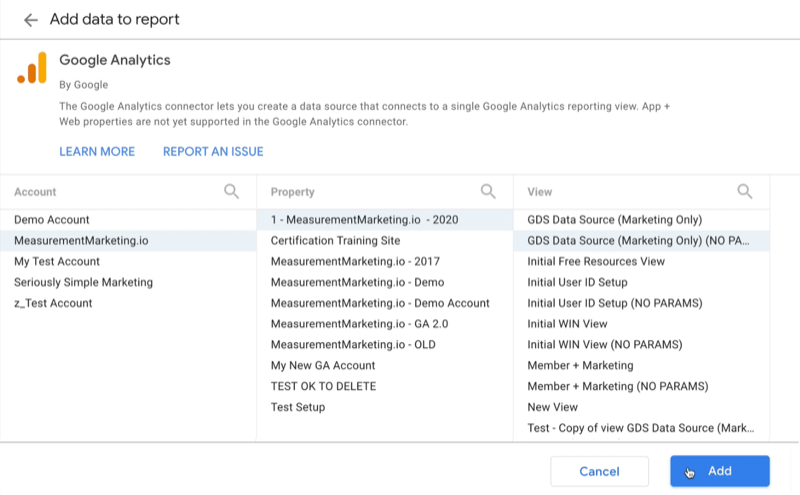 exemplu creați Google Data Studio raport gol adăugați date pentru a raporta opțiunea meniului conectorului Google Analytics pentru a selecta din ce cont Google doriți să primiți date