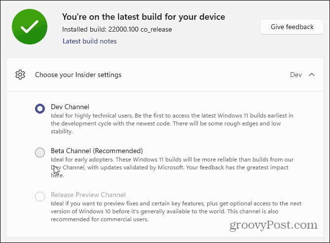 Alegeți Dev sau Beta Channel Windows 11