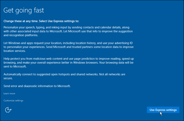 Setări Express Windows 10