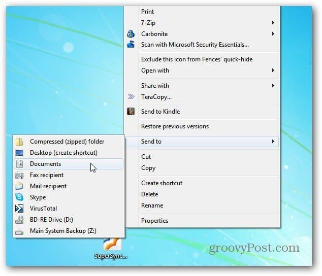 Windows 7 Faceți clic dreapta pe Meniu: Adăugați copiere și treceți la comenzi folder