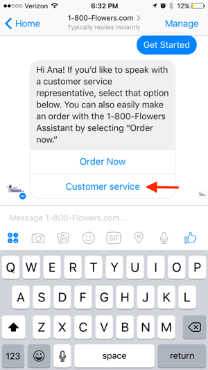 1-800-Flowers oferă clienților opțiunea de a se conecta cu un agent live, care poate oferi ajutor personalizat.