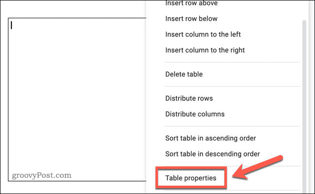 Accesarea meniului de opțiuni de tabel din Google Docs