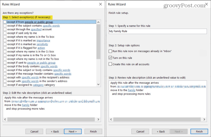 Mutați e-mailurile din regula Outlook Outlook cu excepții