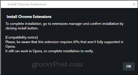 Opera Install Chrome Extension instalare confirmă