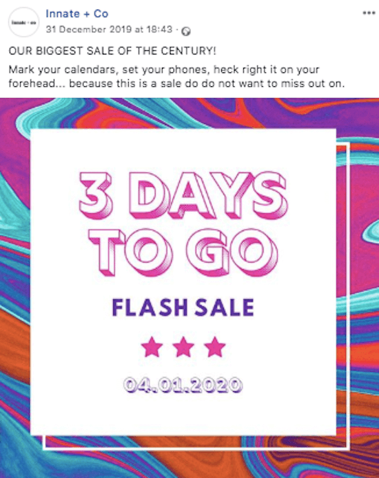 exemplu de postare cu numărătoare inversă Facebook pentru vânzare flash
