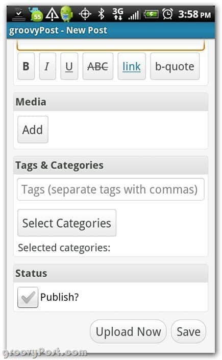 Wordpress pe Android mai multe setări de postare