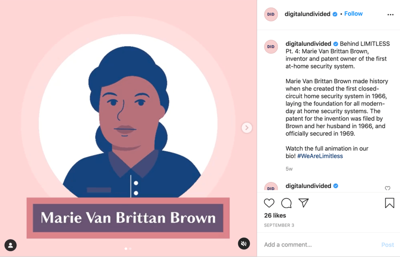 exemplu de fragment fragment mp4 postat pe instagram evidențiind marie van brittan brown ca pt. 4 din seria #wearelimitless